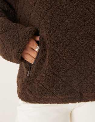Asos Design Quilted Teddy Half Zip Up Fleece In Brown