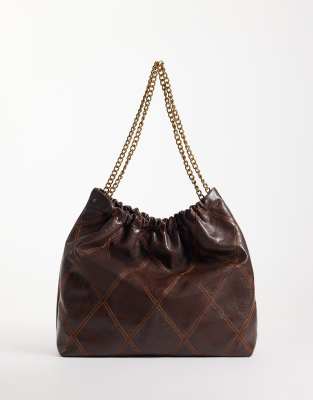 Asos Design Quilted Tote Bag With Chain Handle In Brown