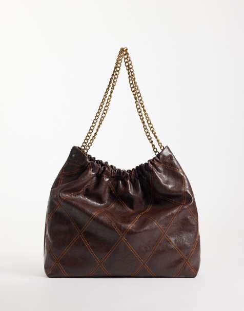 ASOS DESIGN quilted tote bag with chain handle in chocolate - view 1