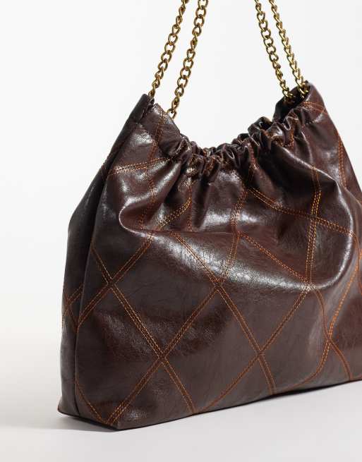 ASOS DESIGN quilted tote bag with chain handle in chocolate, 4 of 4