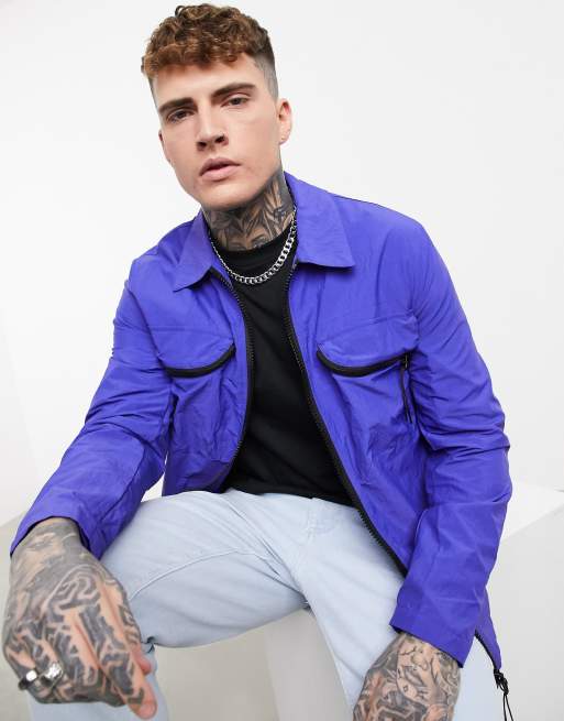 ASOS DESIGN quilted utility harrington jacket with chest pockets in blue