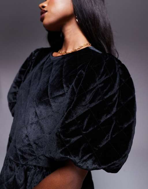 ASOS DESIGN quilted velvet puff sleeve smock mini dress in black, 4 of 4