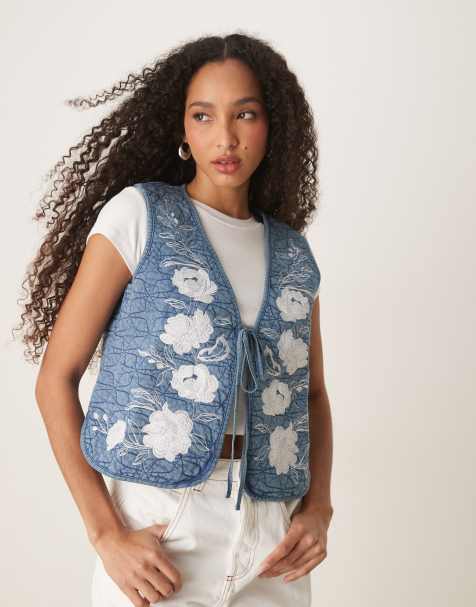 ASOS DESIGN quilted waistcoat with embroidery in washed blue - view 1