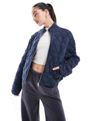 quilted zip through jacket in washed blue-Multi