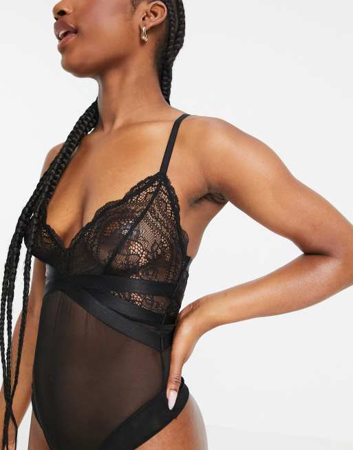 ASOS DESIGN micro strappy mesh bust detail bodysuit in black