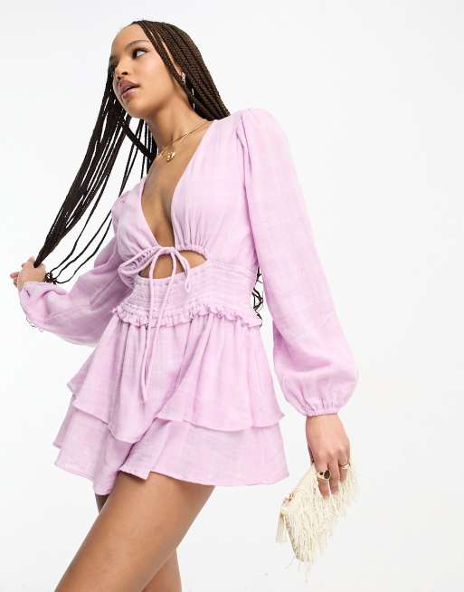 ASOS DESIGN - Ra-ra playsuit met uitsnijding en ruiten met textuur in lila