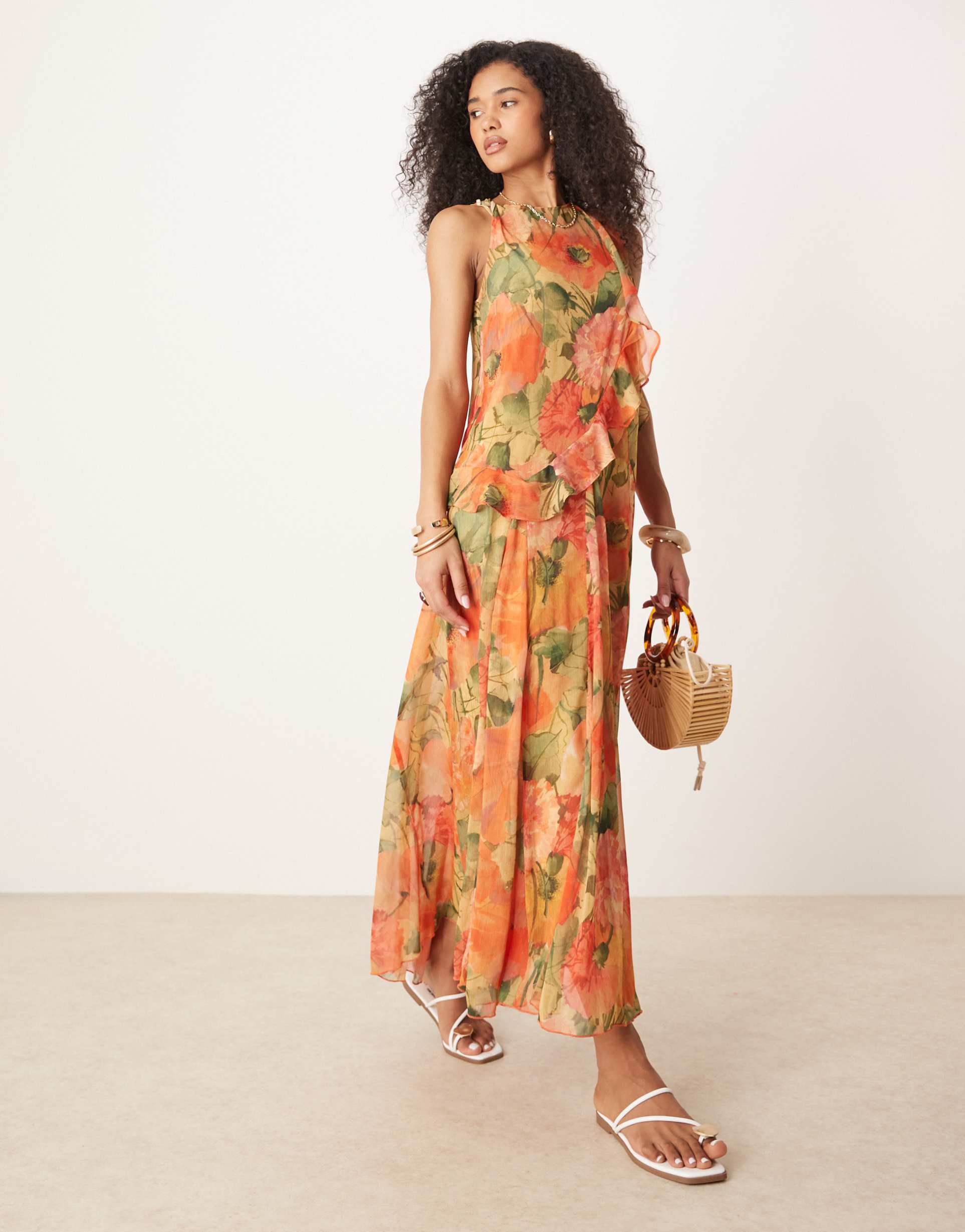 asos design race ruffle shift maxi dress in floral print