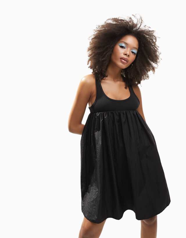 ASOS DESIGN racer 2 in 1 mini smock dress with puff skirt in black