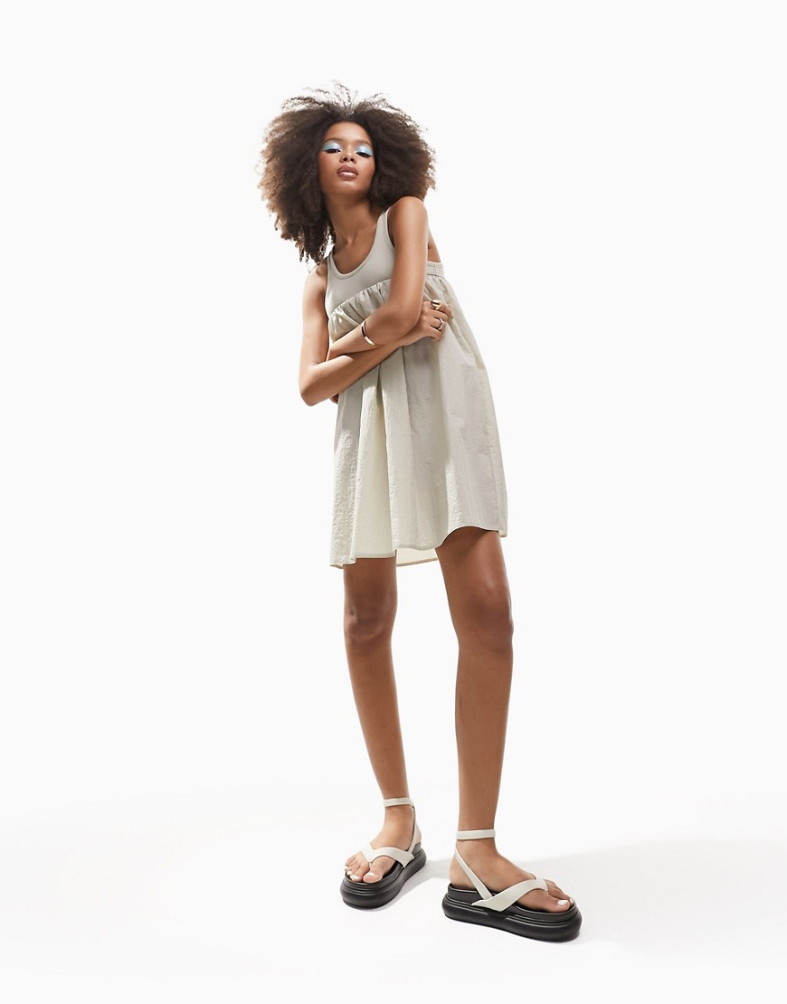 ASOS DESIGN racer 2 in 1 mini smock dress with puff skirt in stone-Brown