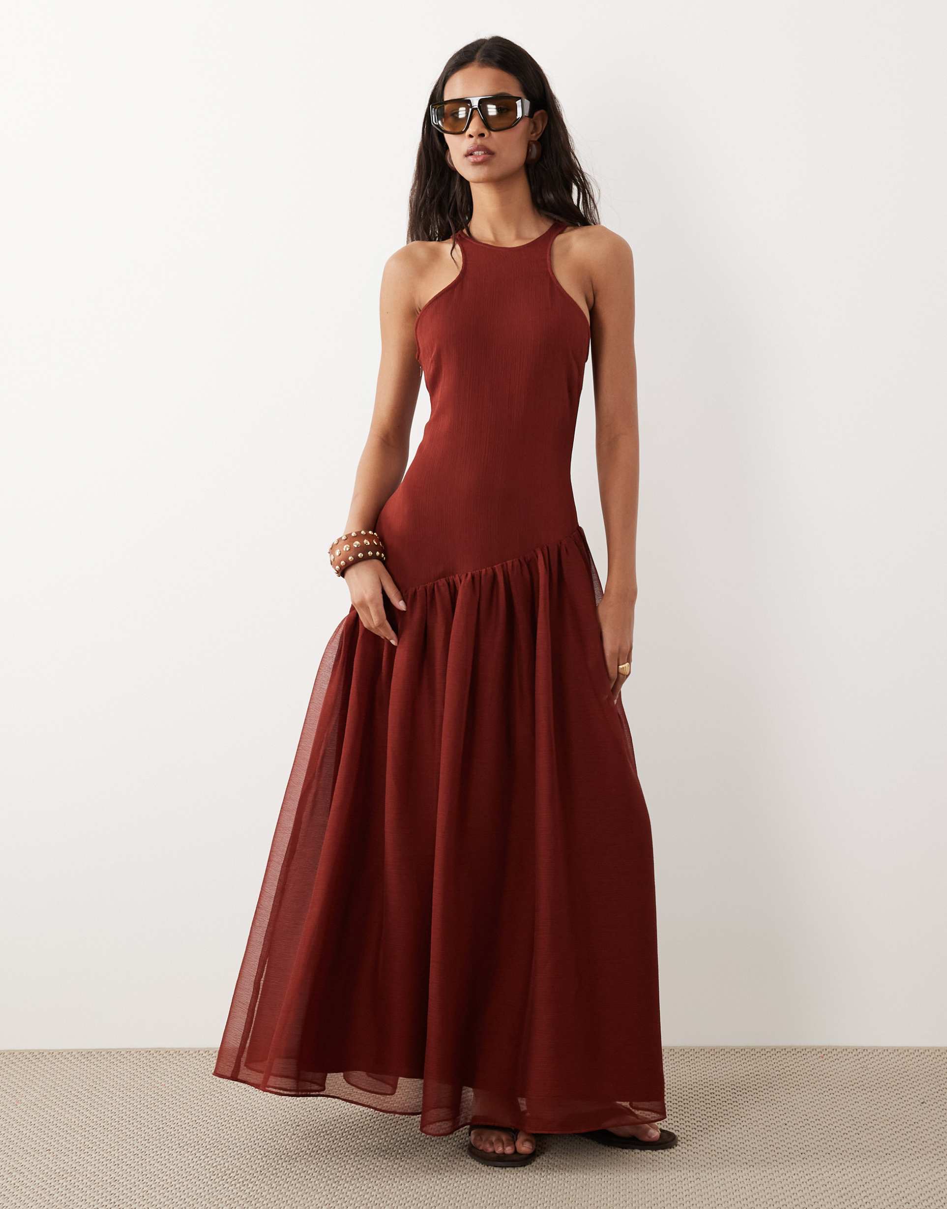 asos design racer back maxi dress with asymmetrical waist detail in dark rust