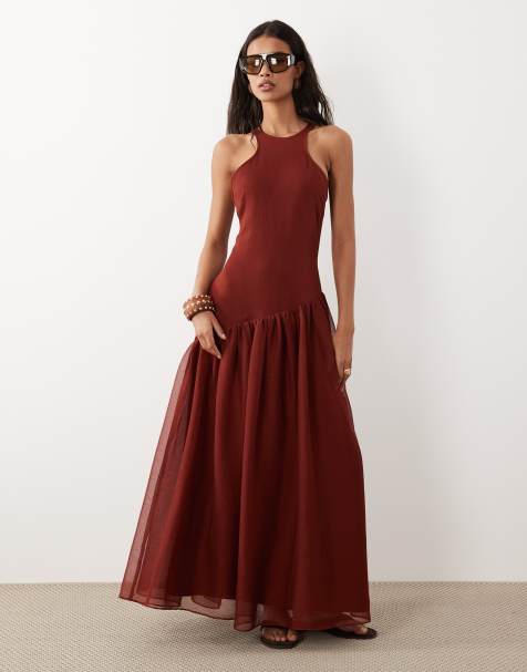 ASOS DESIGN racer back maxi dress with asymmetrical waist detail in dark rust