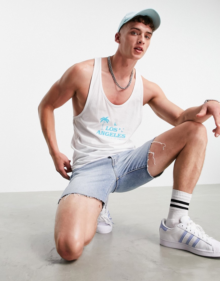 ASOS DESIGN racer back tank in white with Los Angeles city print