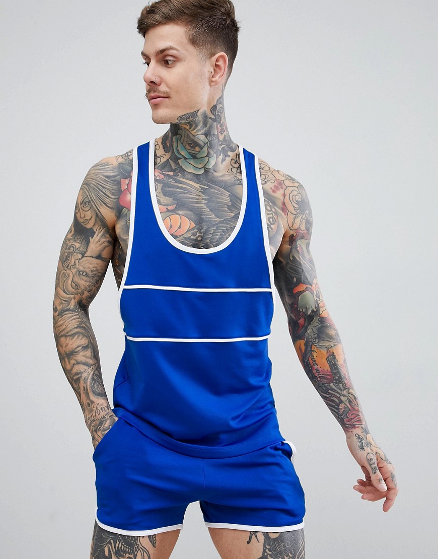 ASOS DESIGN racer back vest in retro track fabric with white binding in blue