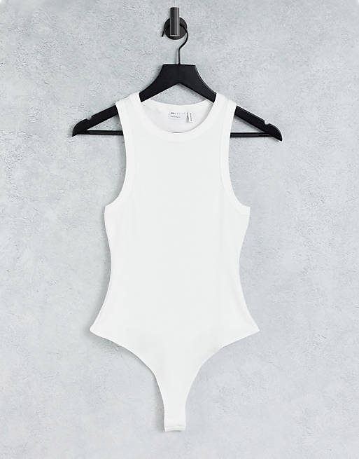 ASOS DESIGN racer bodysuit with chunky trim in white