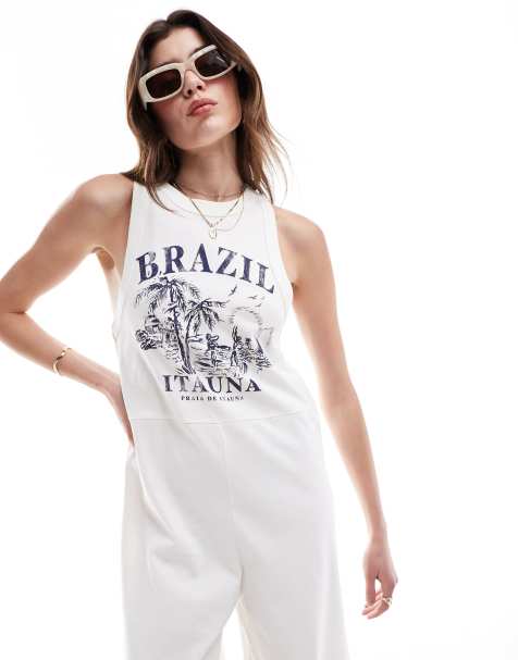ASOS DESIGN racer brazil print wide leg jumpsuit in cream - view 1