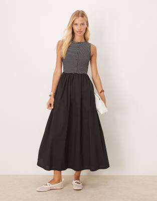 racer button down midi dress with poplin skirt in mono stripe-Navy