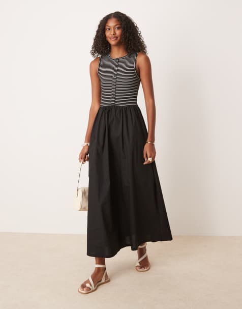 ASOS DESIGN racer button down midi dress with poplin skirt in mono stripe - view 1