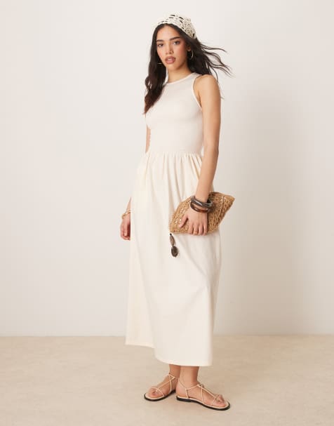 ASOS DESIGN racer crinkle bodice poplin skirt midi dress in cream - view 1