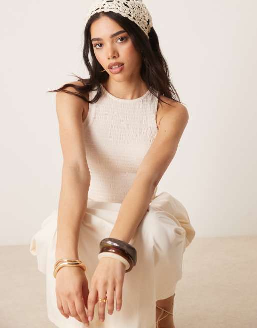 ASOS DESIGN racer crinkle bodice poplin skirt midi dress in cream