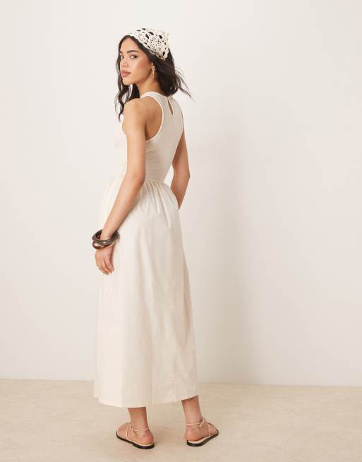 ASOS DESIGN racer crinkle bodice poplin skirt midi dress in cream, 3 of 4