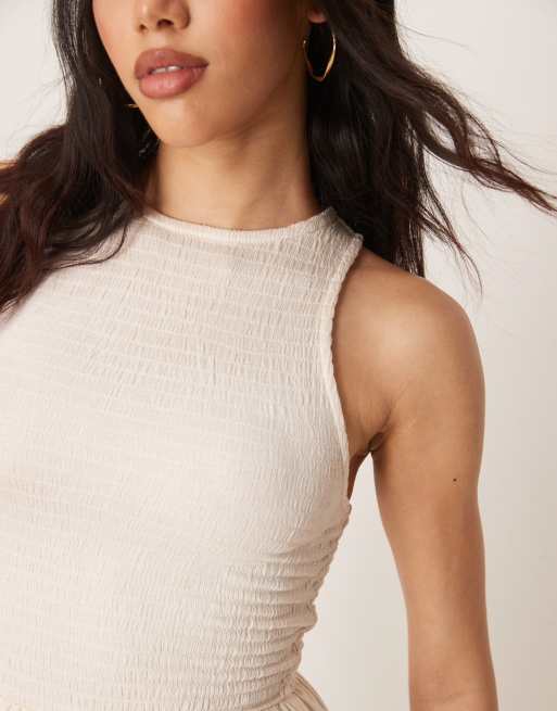 ASOS DESIGN racer crinkle bodice poplin skirt midi dress in cream