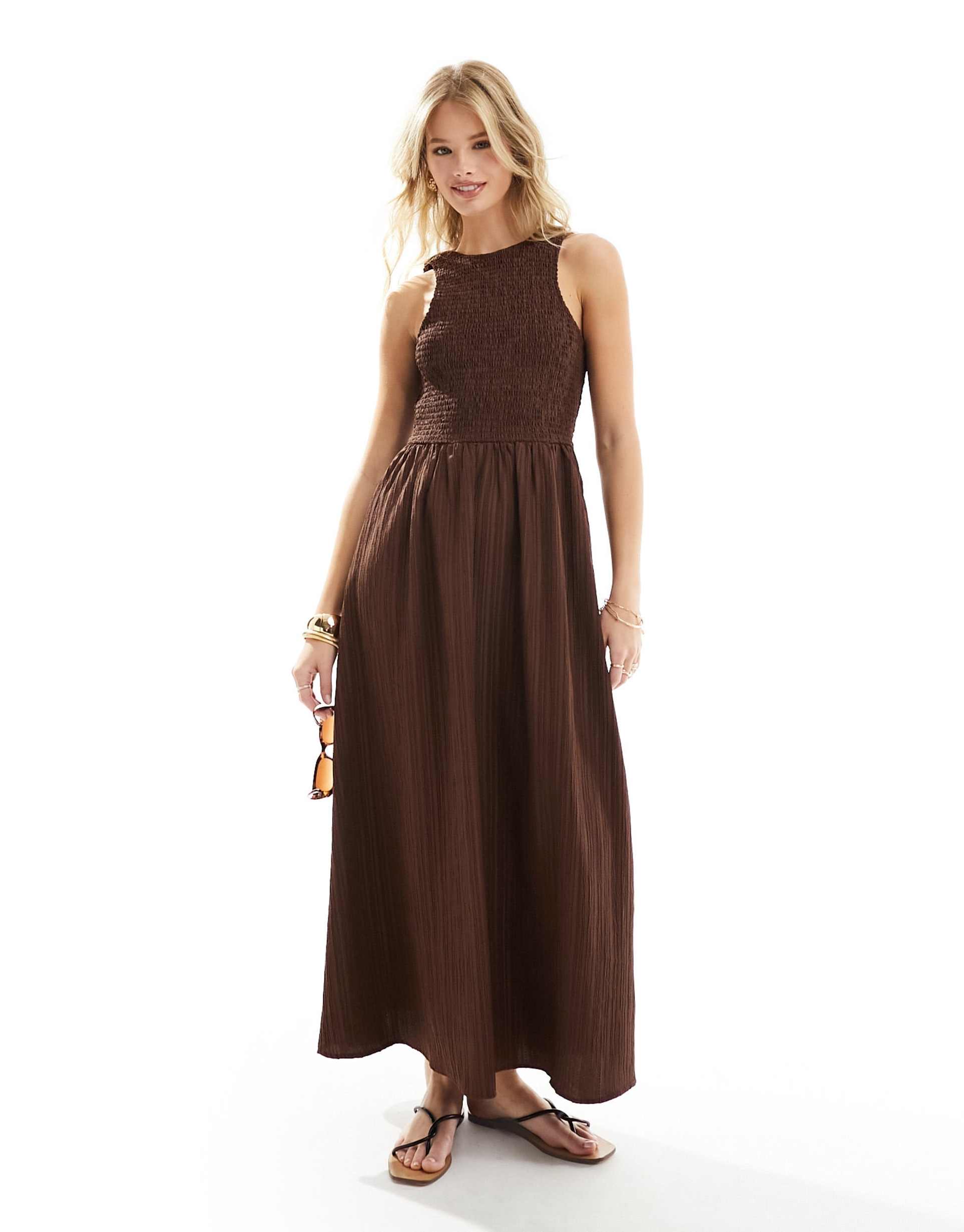 asos design racer crinkle midi sundress with scoop back in chocolate brown