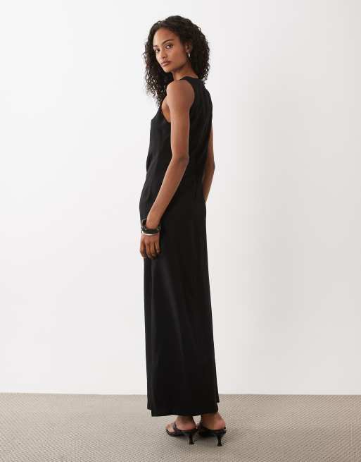 ASOS DESIGN racer cupro tuck detail maxi dress in black, 2 of 4