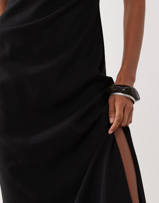ASOS DESIGN racer cupro tuck detail maxi dress in black, 4 of 4