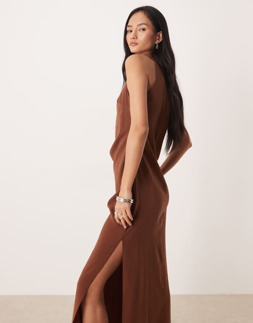 ASOS DESIGN racer cupro tuck detail maxi dress in chocolate, 2 of 4