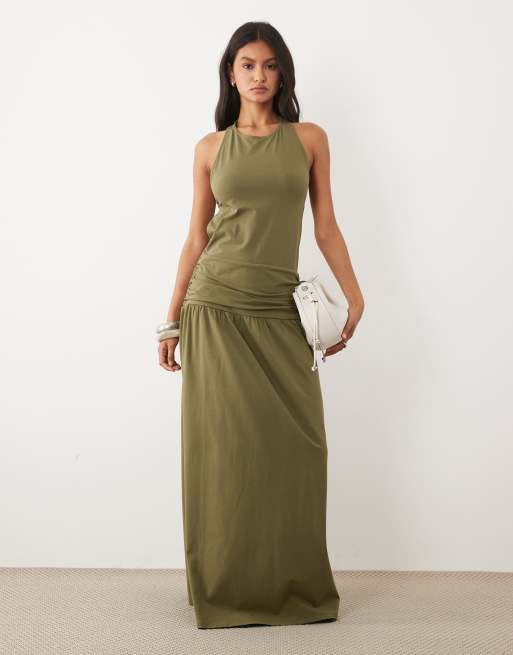 ASOS DESIGN racer drop waist open back tie midi dress in olive, 3 of 4