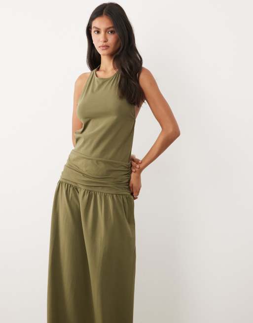 ASOS DESIGN racer drop waist open back tie midi dress in olive, 4 of 4