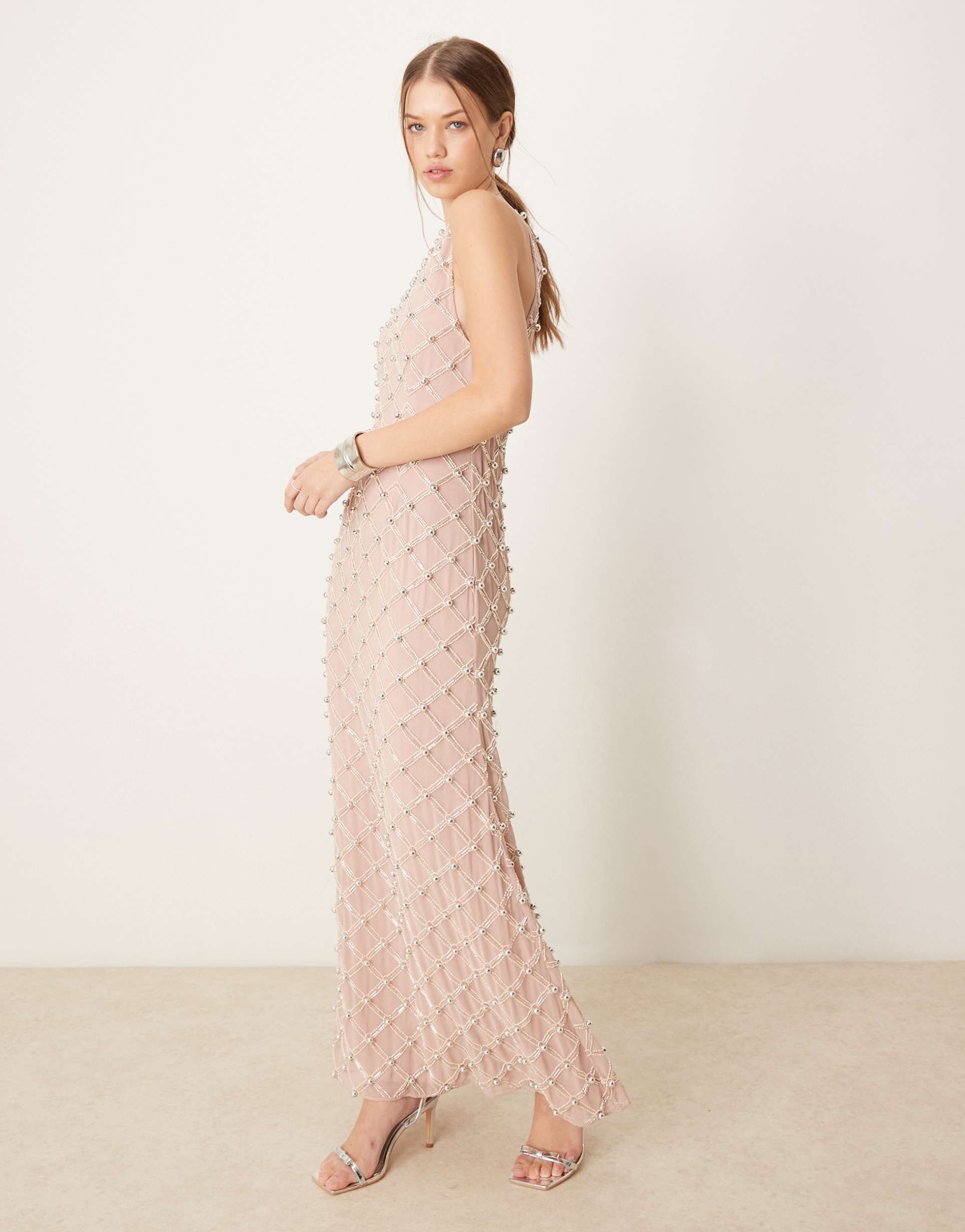 asos design racer embellished maxi dress with open back in taupe