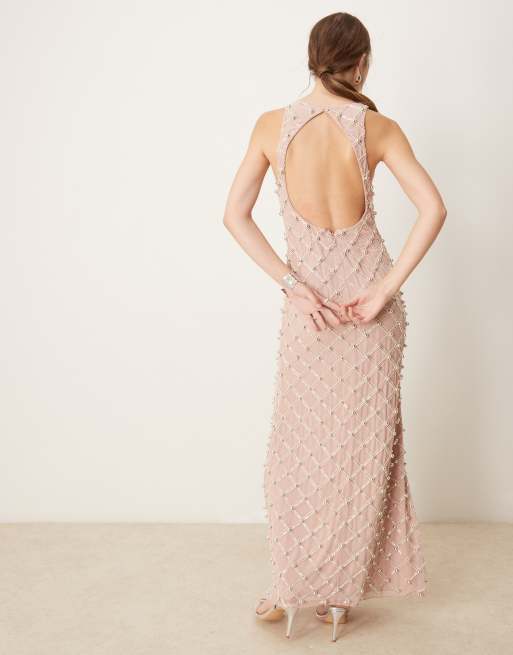 ASOS DESIGN racer embellished maxi dress with open back in taupe | ASOS