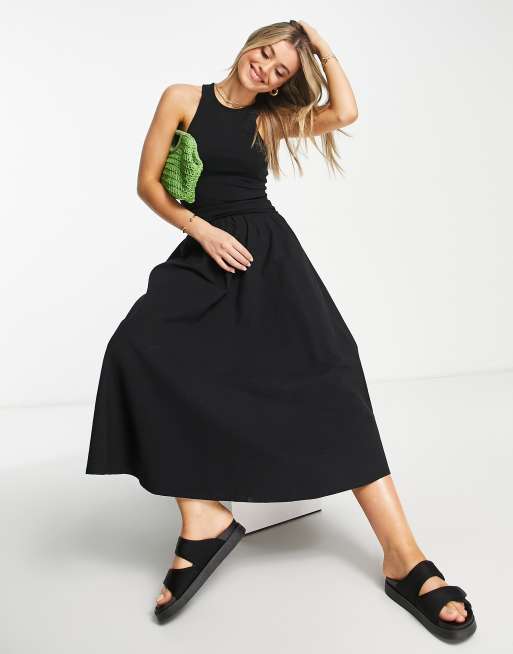 ASOS DESIGN racer front drop waist poplin mix midi dress in black