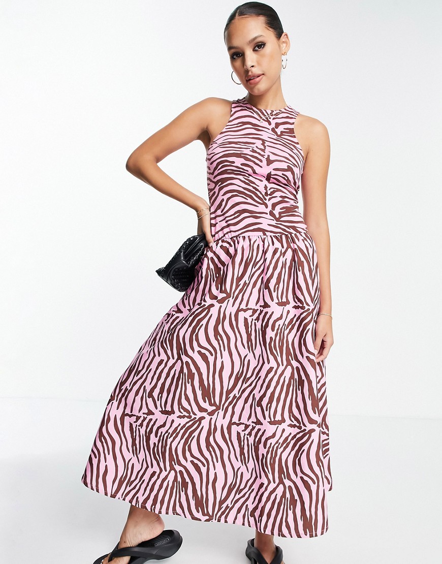 ASOS DESIGN racer front drop waist poplin mix midi dress in pink zebra print-Multi
