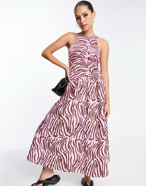 ASOS DESIGN racer front drop waist poplin mix midi dress in pink zebra print