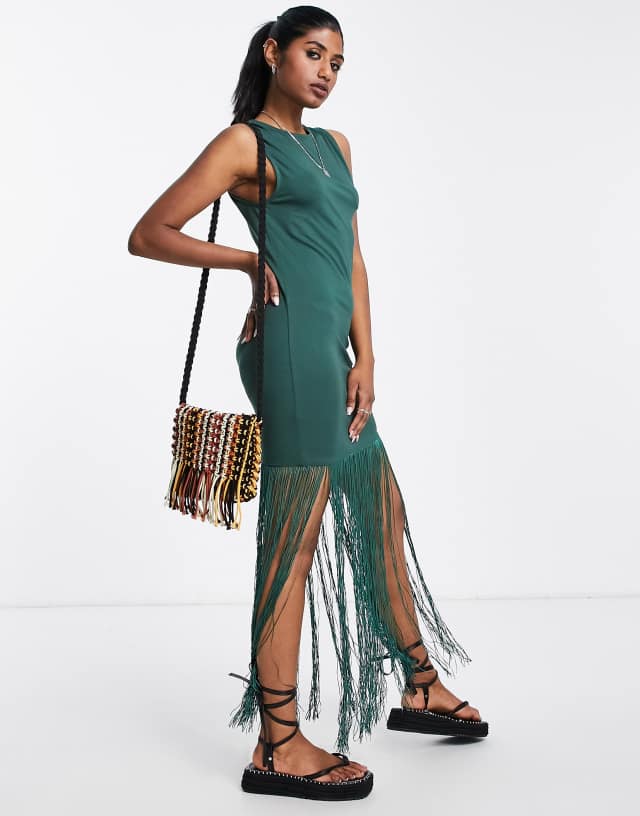 ASOS DESIGN racer front tank midi dress with fringe in forest green