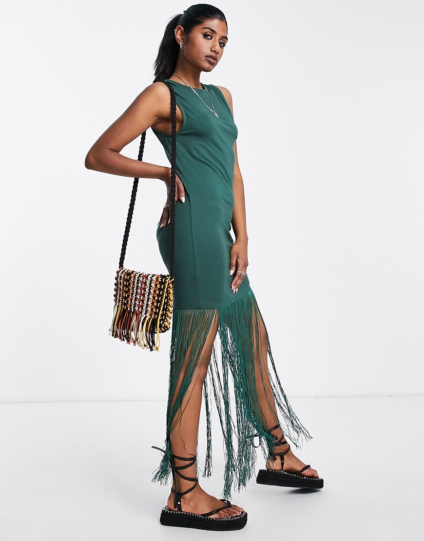 ASOS DESIGN racer front tank midi dress with fringing in forest green