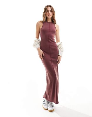 Asos Design Racer Front Washed Maxi Dress With Seam Detail In Burgundy-gray