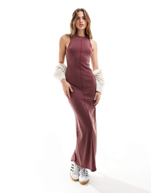 FhyzicsShops DESIGN racer front washed maxi dress with seam detail in burgundy