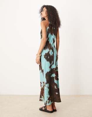 ASOS DESIGN racer linen maxi dress in blue cow print | ASOS