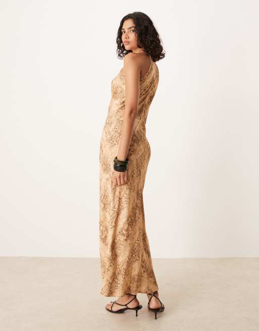 ASOS Design Racer Maxi Dress in Camel Snake print-Neutral