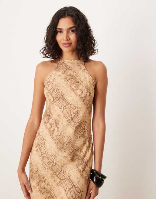 ASOS Design racer maxi dress in camel snake print-Neutral
