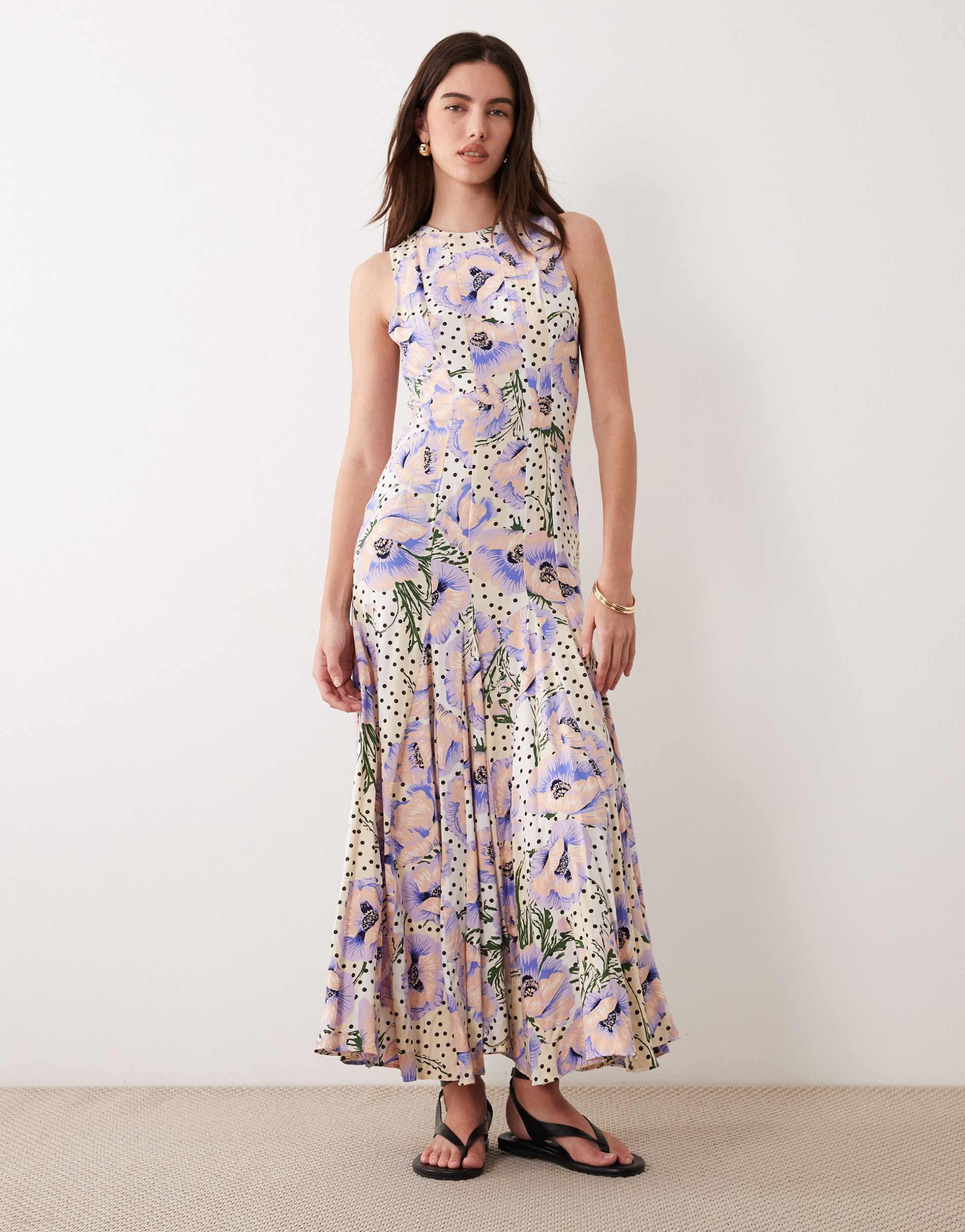 asos design racer maxi dress with godets in floral spot print