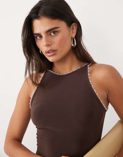 ASOS DESIGN racer maxi dress with trim detail in chocolate, 3 of 4
