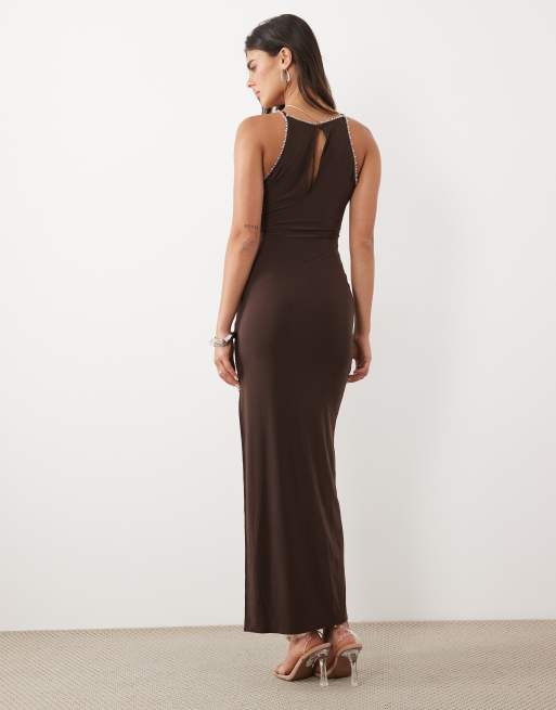 ASOS DESIGN racer maxi dress with trim detail in chocolate, 4 of 4