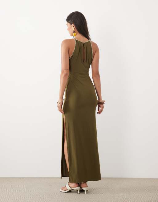 ASOS DESIGN racer maxiklänning med kantdetalj i olivgrönt, 4 av 4