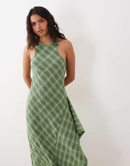 ASOS DESIGN racer midi dress with side ruffle detail in green check, 2 of 4