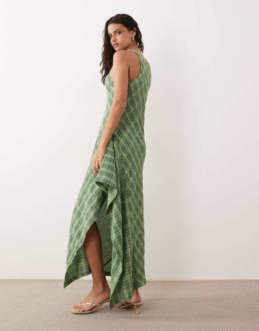 ASOS DESIGN racer midi dress with side ruffle detail in green check, 3 of 4