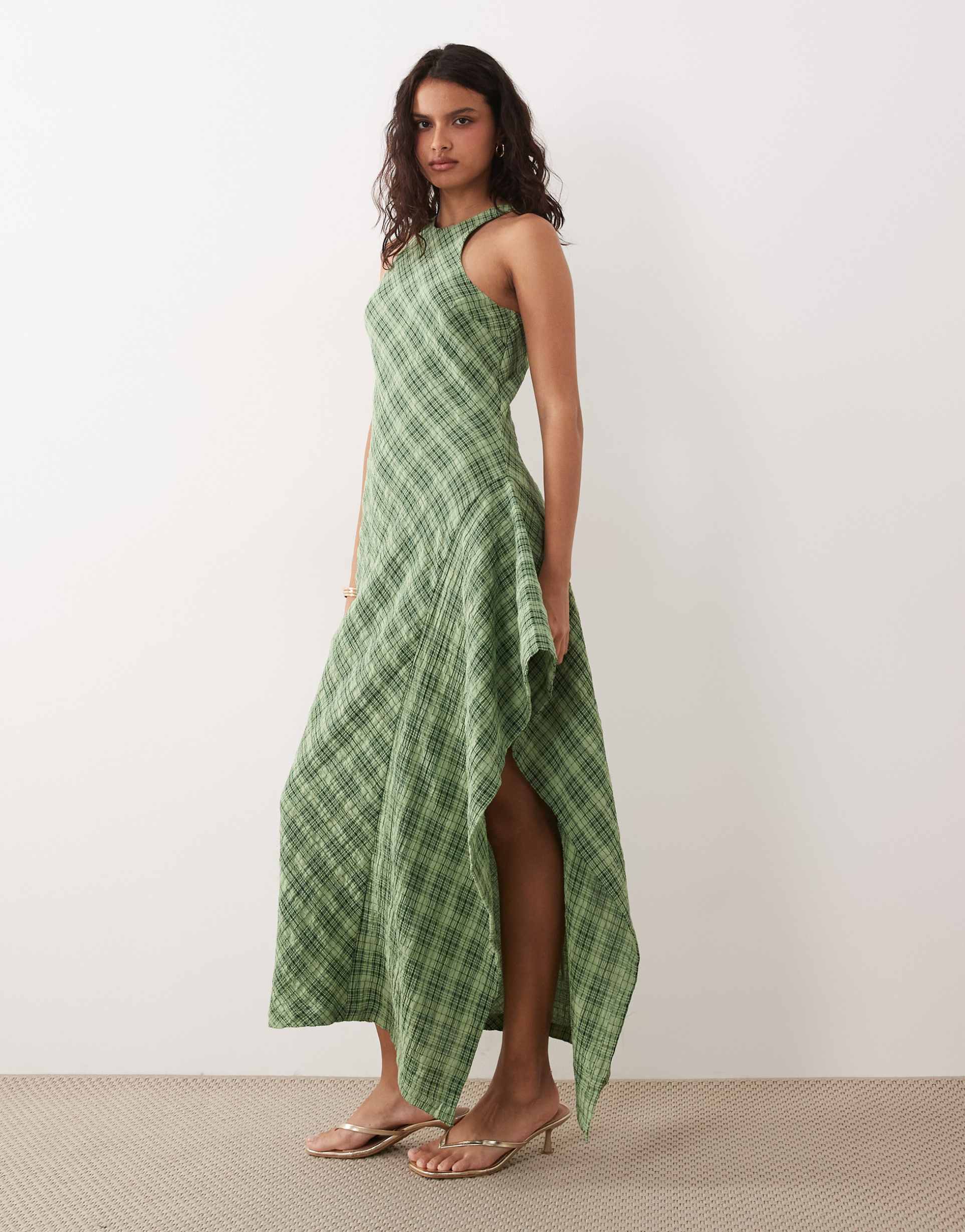 asos design racer midi dress with side ruffle detail in green plaid